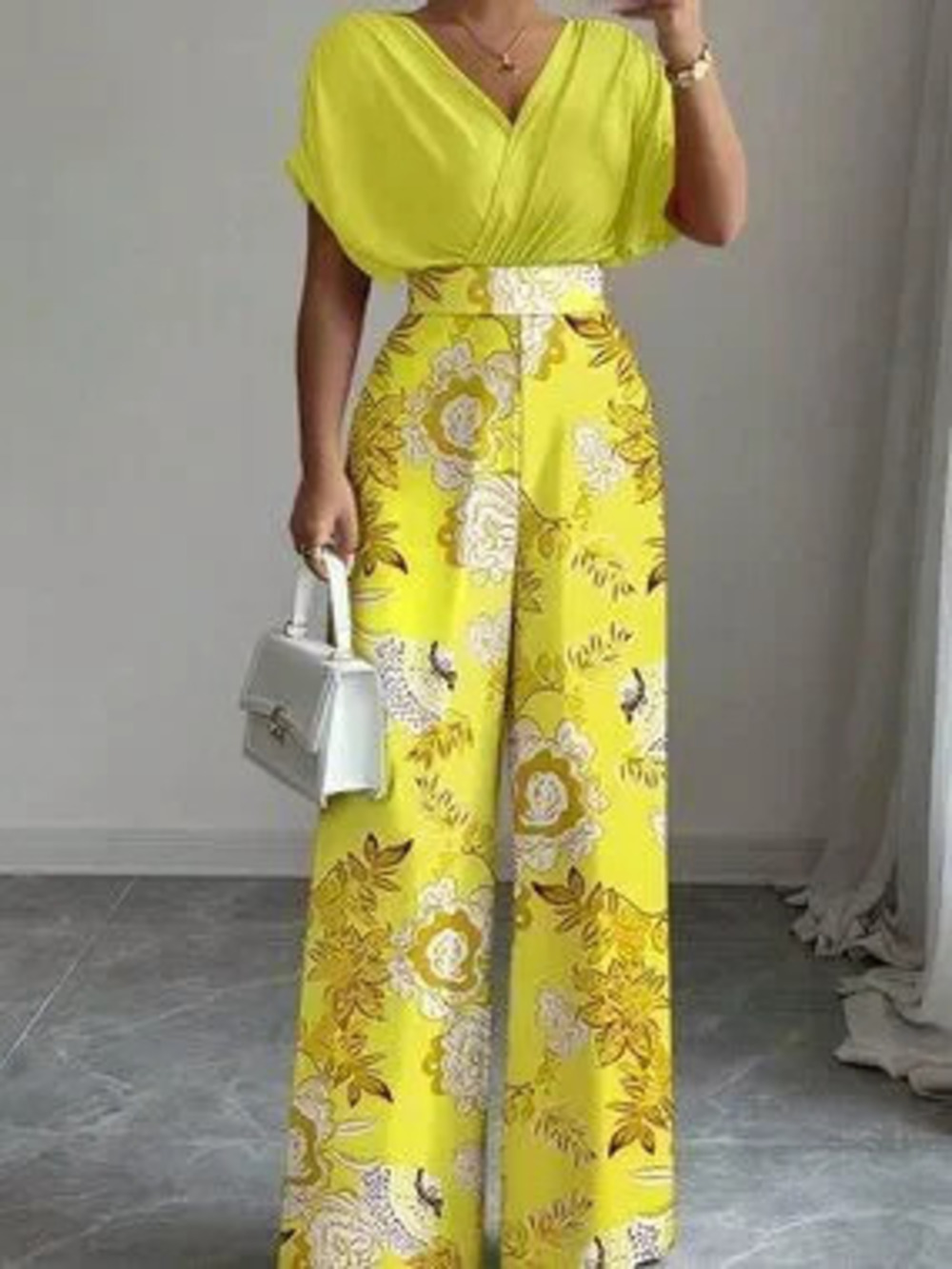 Pale Yellow Boho Women's V-Neck Loose Pleated Waist Printed Long Jumpsuit